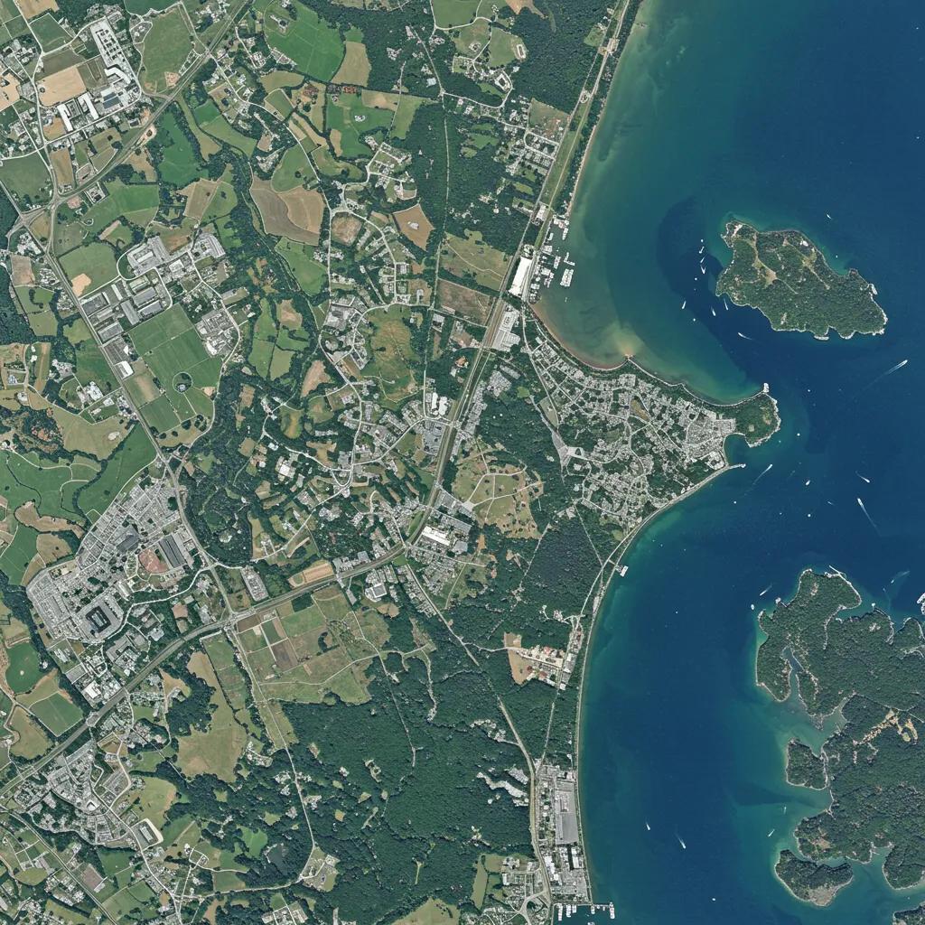 Aerial view of diverse land types in Rhode Island, illustrating average land prices and development potential