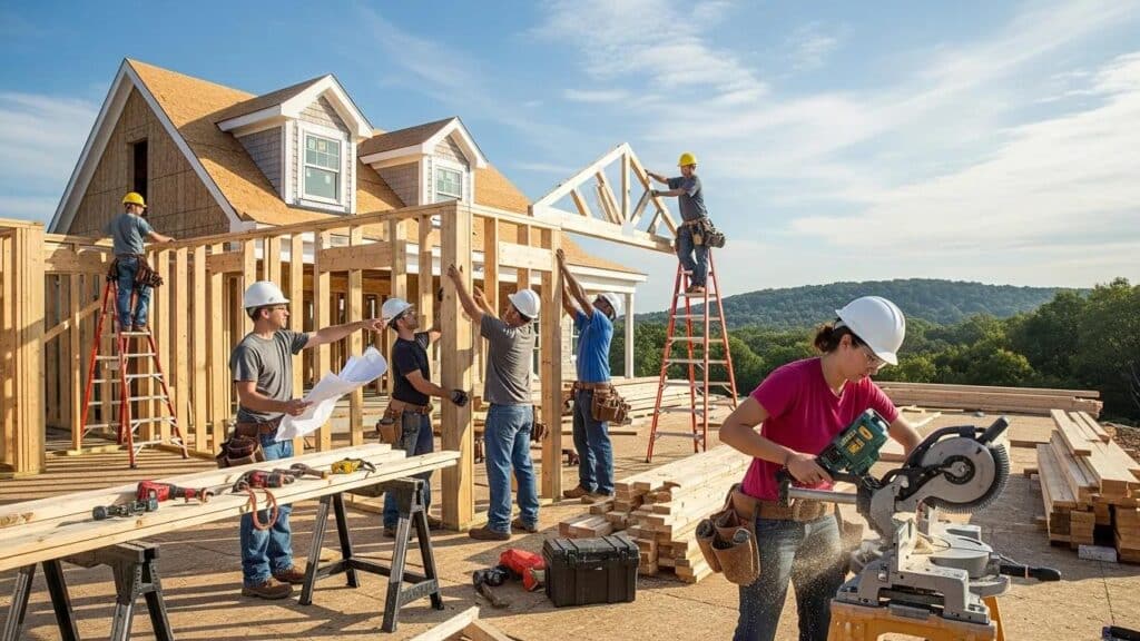 Custom home construction team working together in Rhode Island, emphasizing collaboration and craftsmanship