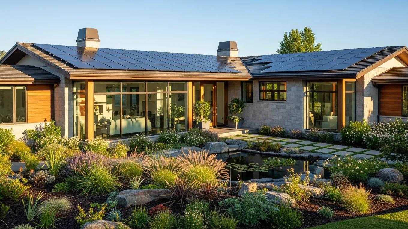 Modern energy-efficient custom home with solar panels and beautiful landscaping, showcasing sustainability