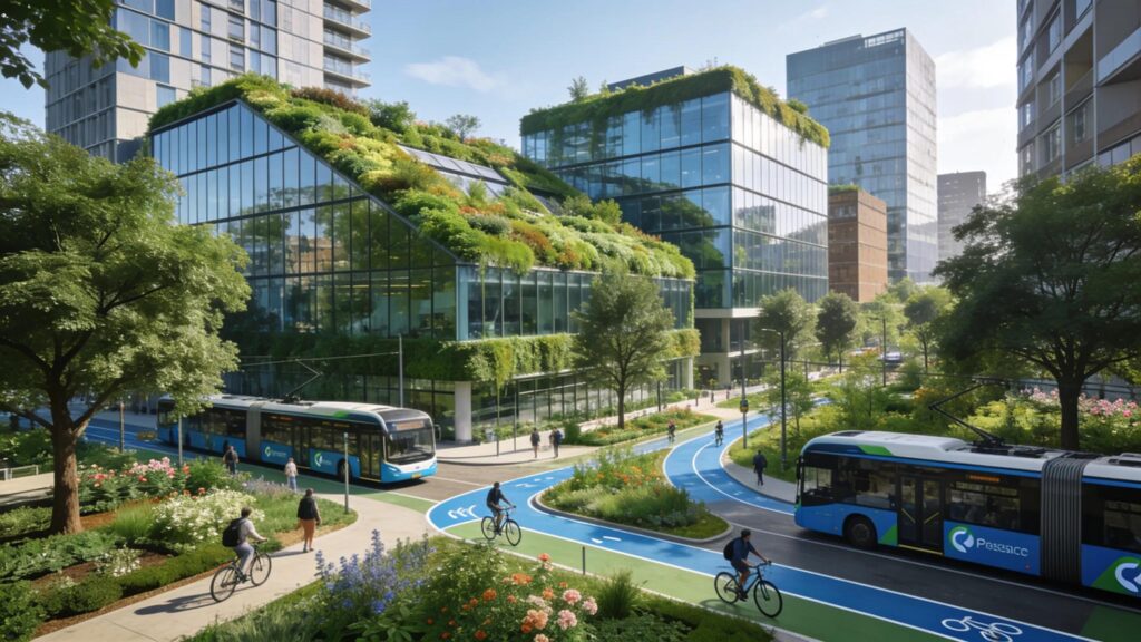 Sustainable municipal projects featuring energy-efficient buildings and green roofs